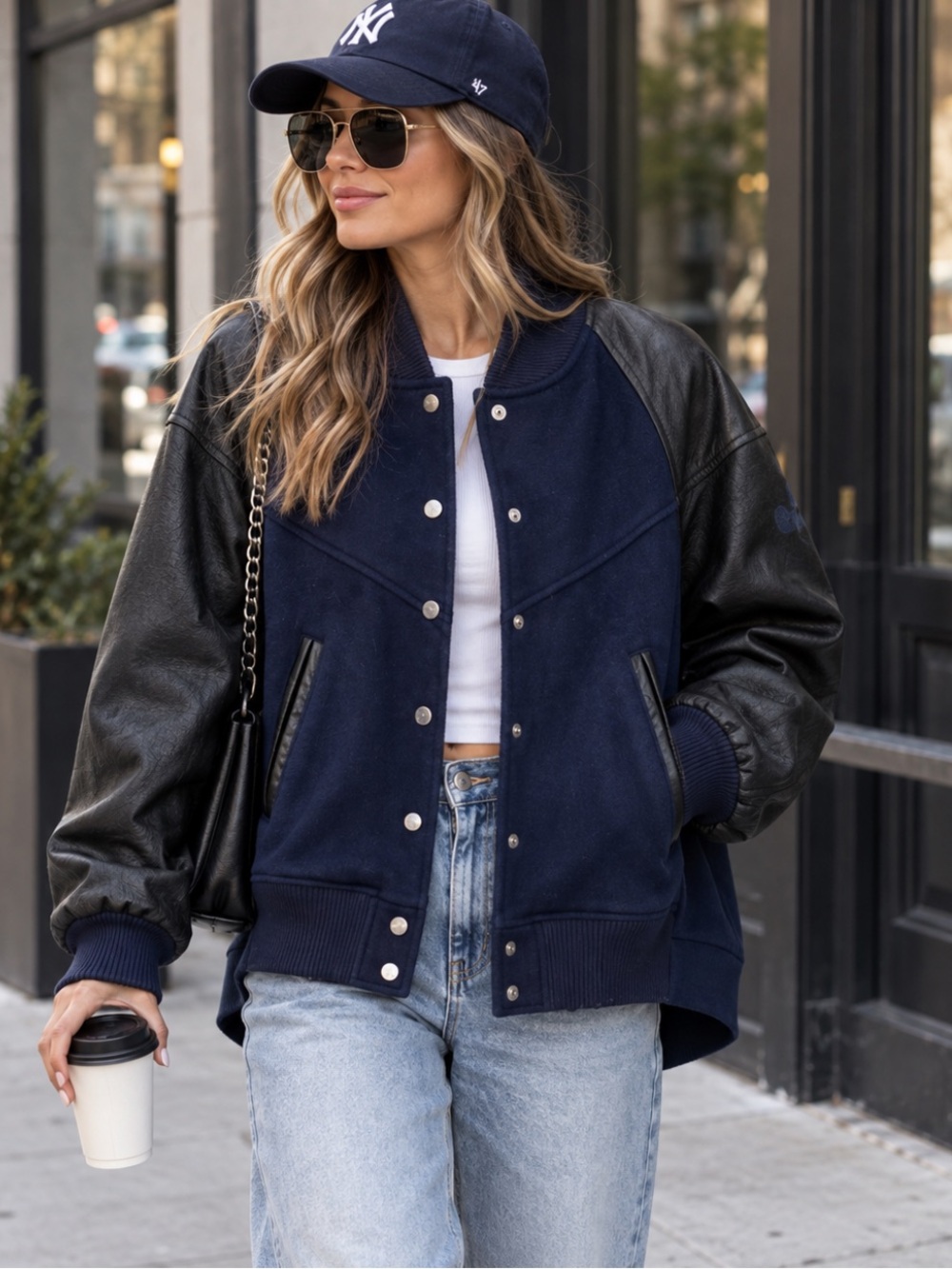 Nike x Sacai Destroyer Faux Leather Fleece Varsity Bomber Jacket Navy Black XXS